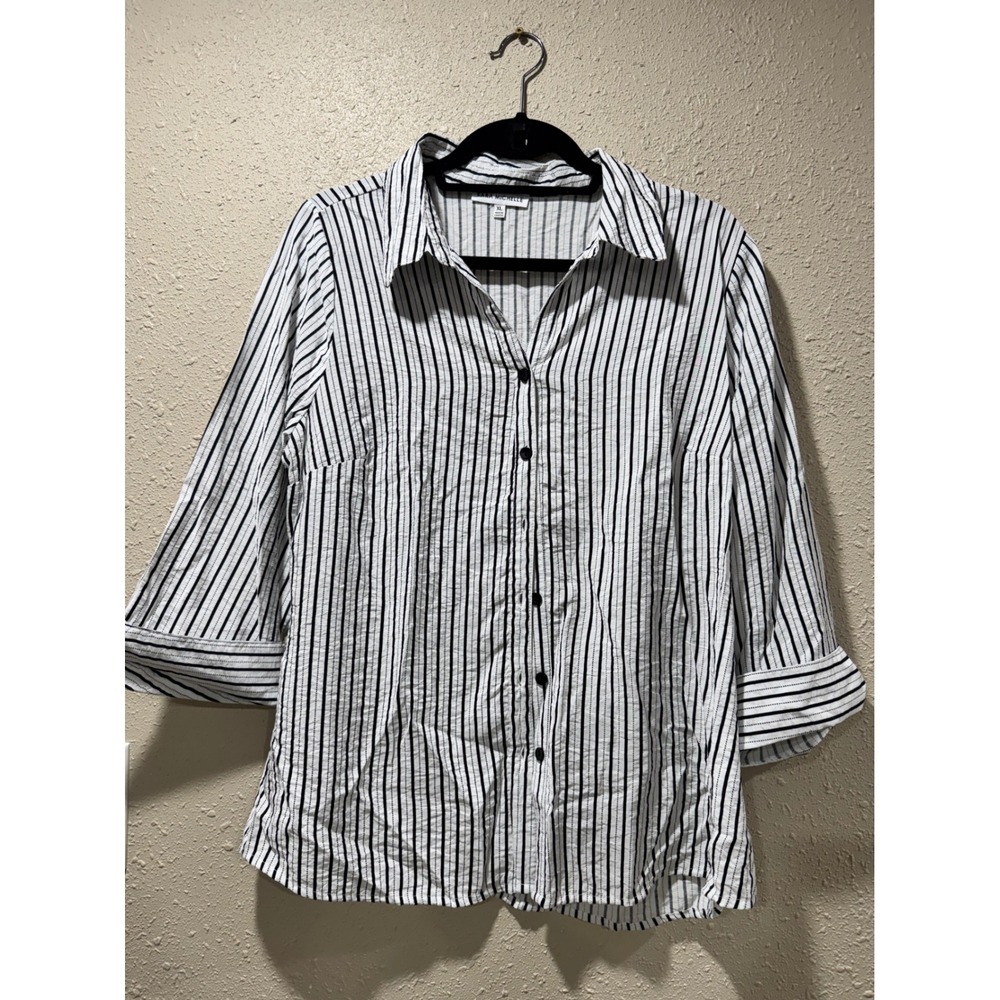 Sara Michelle Womens XL Black White Striped Button Down Shirt 3/4 Sleeve Blouse